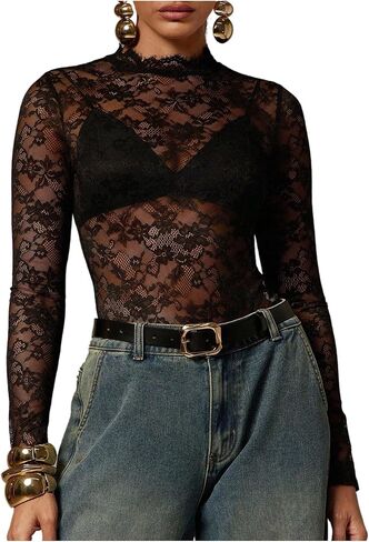 WDIRARA Women's Floral Lace Mesh Sheer Bodysuit Mock Neck Long Sleeve See Through Leotard Body Suit in Kuwait
