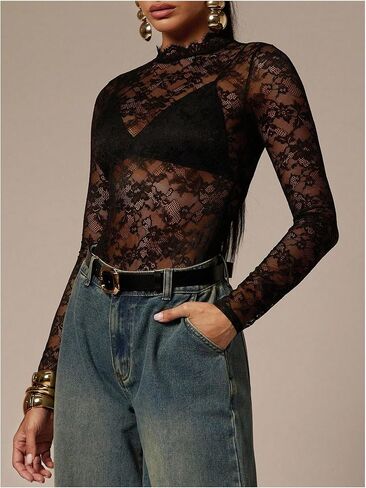 WDIRARA Women's Floral Lace Mesh Sheer Bodysuit Mock Neck Long Sleeve See Through Leotard Body Suit in Kuwait
