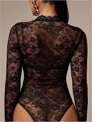 WDIRARA Women's Floral Lace Mesh Sheer Bodysuit Mock Neck Long Sleeve See Through Leotard Body Suit in Kuwait