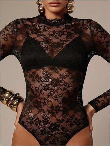 WDIRARA Women's Floral Lace Mesh Sheer Bodysuit Mock Neck Long Sleeve See Through Leotard Body Suit in Kuwait
