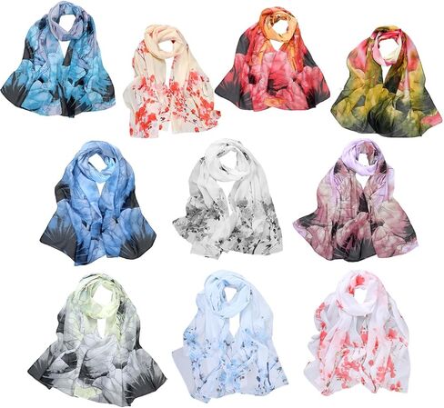 10 Pack Scarves for Women Lightweight Bulk, Chiffon Floral Print Shawls, Sheer Summer Head Scarves, Elegant Neck Wraps for All Seasons and Occasions (61 X 18.8 Inches) in Kuwait