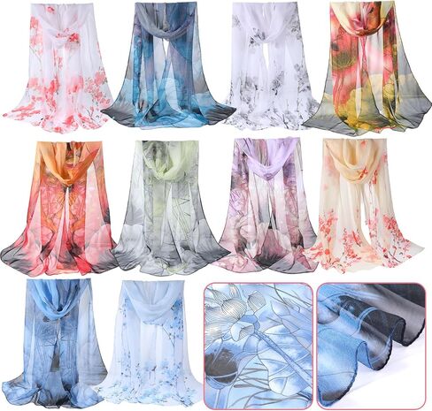 10 Pack Scarves for Women Lightweight Bulk, Chiffon Floral Print Shawls, Sheer Summer Head Scarves, Elegant Neck Wraps for All Seasons and Occasions (61 X 18.8 Inches) in Kuwait