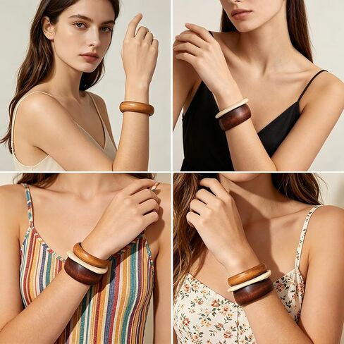 3 Pcs Natural Wood Bangle Bracelet for Women Boho Chunky Stackable Wooden Bangles Set,Wide Irregular Geometric Bangles Stack Jewelry Gift in Saudi Arabia