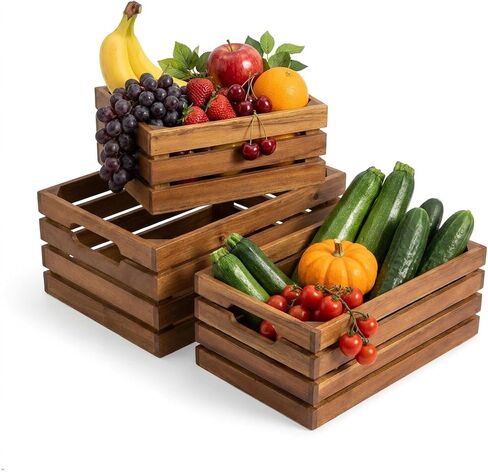 VICTORY RELAX Nesting Wood Storage Crates (Set of 3) - Natural Acacia Wood Stackable Wooden Boxes for Storage & Organization - Decorative Wooden Basket Set for Fruits, Shelving & Home Decor in Saudi Arabia