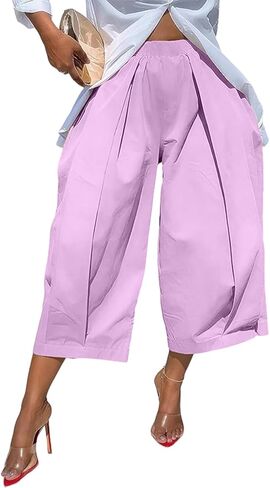 LETSVDO Women Wide Leg Palazzo Capri Pants High Waist Baggy Barrel Balloon Pleated Gaucho Crop Trousers Long Shorts Jorts in Kuwait
