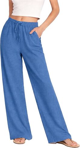 Wide Leg Linen Pants for Women & 2026 Summer High Waisted Palazzo Style, Cotton Pants, Women Linen Pants Casual Loose Fit Indigo in Kuwait