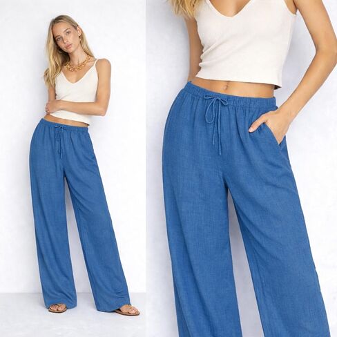 Wide Leg Linen Pants for Women & 2026 Summer High Waisted Palazzo Style, Cotton Pants, Women Linen Pants Casual Loose Fit Indigo in Kuwait