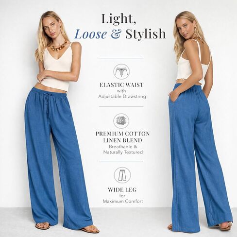 Wide Leg Linen Pants for Women & 2026 Summer High Waisted Palazzo Style, Cotton Pants, Women Linen Pants Casual Loose Fit Indigo in Kuwait