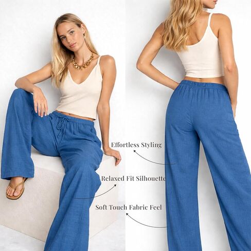 Wide Leg Linen Pants for Women & 2026 Summer High Waisted Palazzo Style, Cotton Pants, Women Linen Pants Casual Loose Fit Indigo in Kuwait