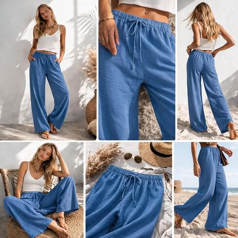 Wide Leg Linen Pants for Women & 2026 Summer High Waisted Palazzo Style, Cotton Pants, Women Linen Pants Casual Loose Fit Indigo in Kuwait