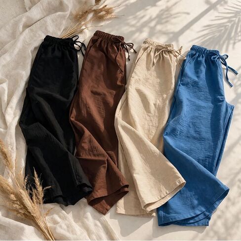 Wide Leg Linen Pants for Women & 2026 Summer High Waisted Palazzo Style, Cotton Pants, Women Linen Pants Casual Loose Fit Indigo in Kuwait