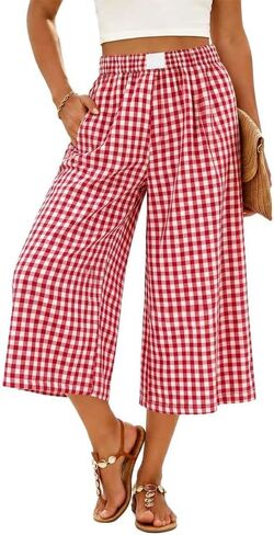 Marvmys Women's Cotton Capri Pants Plaid Gingham Elastic Waist Casual Wide Leg Palazzo Culottes Pants with Pockets S-2XL in Kuwait