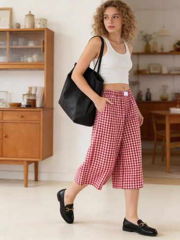 Marvmys Women's Cotton Capri Pants Plaid Gingham Elastic Waist Casual Wide Leg Palazzo Culottes Pants with Pockets S-2XL in Kuwait