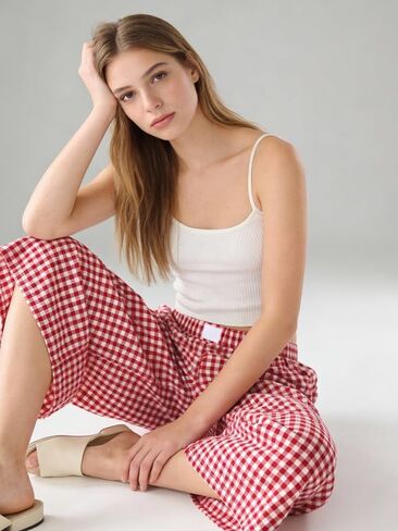 Marvmys Women's Cotton Capri Pants Plaid Gingham Elastic Waist Casual Wide Leg Palazzo Culottes Pants with Pockets S-2XL in Kuwait