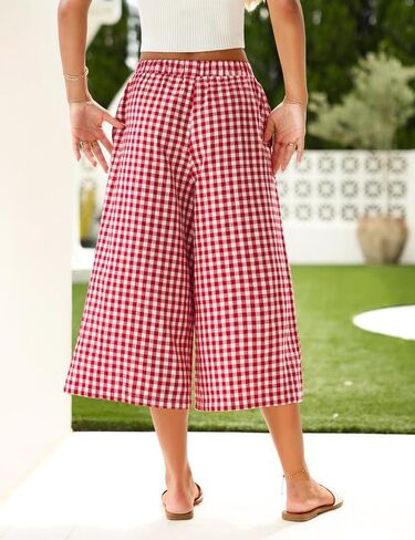 Marvmys Women's Cotton Capri Pants Plaid Gingham Elastic Waist Casual Wide Leg Palazzo Culottes Pants with Pockets S-2XL in Kuwait