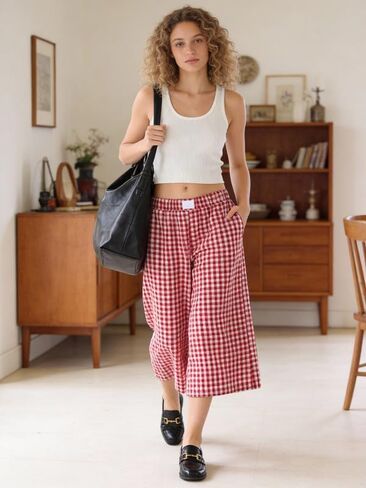 Marvmys Women's Cotton Capri Pants Plaid Gingham Elastic Waist Casual Wide Leg Palazzo Culottes Pants with Pockets S-2XL in Kuwait