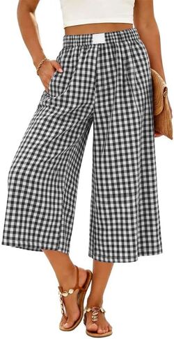 Marvmys Women's Cotton Capri Pants Plaid Gingham Elastic Waist Casual Wide Leg Palazzo Culottes Pants with Pockets S-2XL in Saudi Arabia