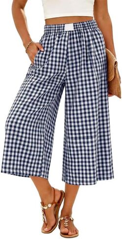 Marvmys Women's Cotton Capri Pants Plaid Gingham Elastic Waist Casual Wide Leg Palazzo Culottes Pants with Pockets S-2XL in Kuwait
