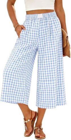 Marvmys Women's Cotton Capri Pants Plaid Gingham Elastic Waist Casual Wide Leg Palazzo Culottes Pants with Pockets S-2XL in Kuwait