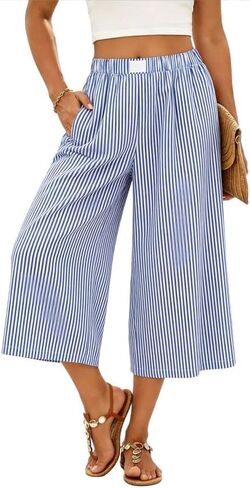 Marvmys Women's Cotton Capri Pants Plaid Gingham Elastic Waist Casual Wide Leg Palazzo Culottes Pants with Pockets S-2XL in Kuwait