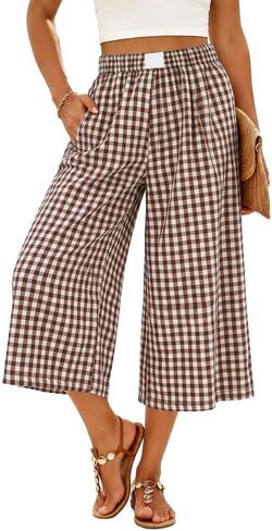 Marvmys Women's Cotton Capri Pants Plaid Gingham Elastic Waist Casual Wide Leg Palazzo Culottes Pants with Pockets S-2XL in Kuwait