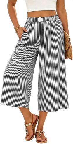 Marvmys Women's Cotton Capri Pants Plaid Gingham Elastic Waist Casual Wide Leg Palazzo Culottes Pants with Pockets S-2XL in Kuwait