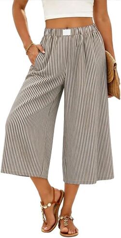 Marvmys Women's Cotton Capri Pants Plaid Gingham Elastic Waist Casual Wide Leg Palazzo Culottes Pants with Pockets S-2XL in Kuwait