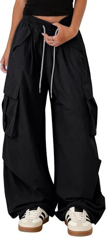 Bakyarder Women’s Baggy Cargo Pants,Y2K Barrel Wide Leg Streetwear Drawstring Trousers with Pockets in Kuwait