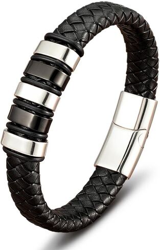 Mens Vintage Braided Leather Bracelet Retro Punk Gothic，Men's Silver Stainless Steel & Black Braided Leather Bracelet, Multi-Layered Textured Wristband with Silver Stainless Steel Clasp, Casual Fashion Jewelry in Kuwait