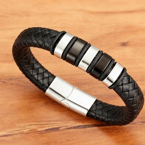 Mens Vintage Braided Leather Bracelet Retro Punk Gothic，Men's Silver Stainless Steel & Black Braided Leather Bracelet, Multi-Layered Textured Wristband with Silver Stainless Steel Clasp, Casual Fashion Jewelry in Kuwait