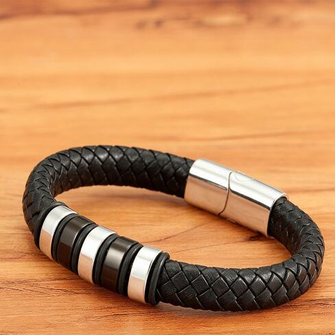 Mens Vintage Braided Leather Bracelet Retro Punk Gothic，Men's Silver Stainless Steel & Black Braided Leather Bracelet, Multi-Layered Textured Wristband with Silver Stainless Steel Clasp, Casual Fashion Jewelry in Kuwait