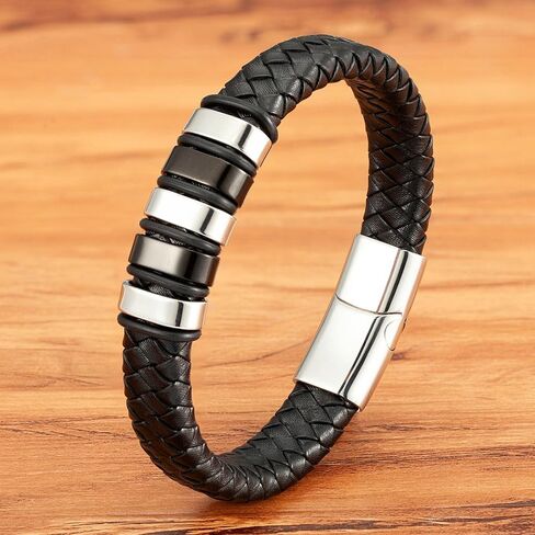 Mens Vintage Braided Leather Bracelet Retro Punk Gothic，Men's Silver Stainless Steel & Black Braided Leather Bracelet, Multi-Layered Textured Wristband with Silver Stainless Steel Clasp, Casual Fashion Jewelry in Kuwait