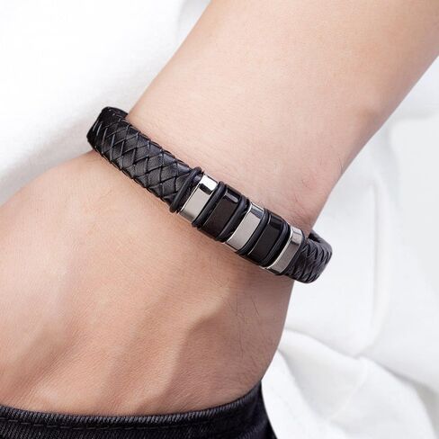 Mens Vintage Braided Leather Bracelet Retro Punk Gothic，Men's Silver Stainless Steel & Black Braided Leather Bracelet, Multi-Layered Textured Wristband with Silver Stainless Steel Clasp, Casual Fashion Jewelry in Kuwait