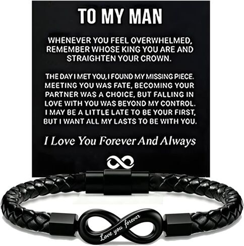 To My Husband Infinity Leather Bracelet, Stainless Steel Engraved Love You Forever Black Braided Leather Promise Bracelets With Encouragement Card Birthday Anniversary Jewelry Gift for Him in Kuwait