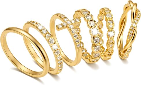 BROCC 6PCS Stackable Rings for Women Gold, 14k Gold Plated Stacking Rings Set Non Tarnish, Dainty Trendy CZ Statement Promise Engagement Wedding Bands Ring Size 6-10 in Saudi Arabia