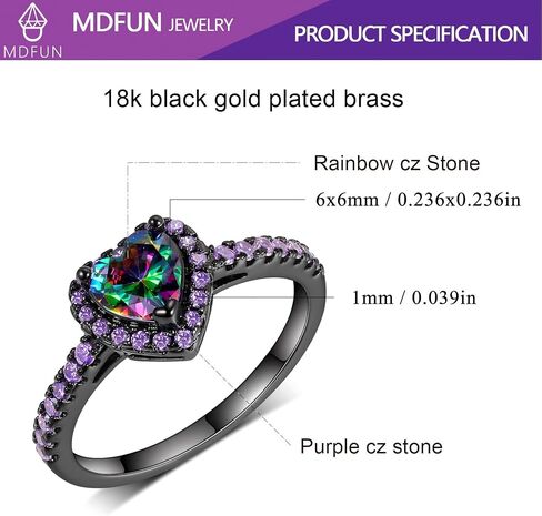 18K Black Gold Plated Heart/Square Mystic Topaz Halo Engagement Promise Eternity Ring for Women in Kuwait