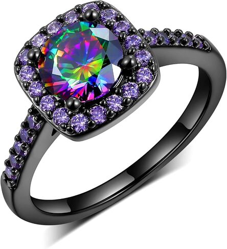 18K Black Gold Plated Heart/Square Mystic Topaz Halo Engagement Promise Eternity Ring for Women in Kuwait