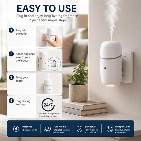 Waterless Essential Oil Diffuser, Cold Waterless Diffuser with Low/High Switch, Plug in Diffuser with Night Light, Quiet Wall Aromatherapy Diffuser for Home Living Room Bedroom Bathroom White in Saudi Arabia