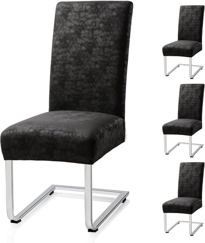 Luxurious Leather Look Dining Chair Covers Skin-Friendly Washable Synthetic PU Leather Chair Covers for Dining Chairs Set of 4, Premium & Soft High Back Kitchen Chairs Covers Stretchy (Black) in Saudi Arabia