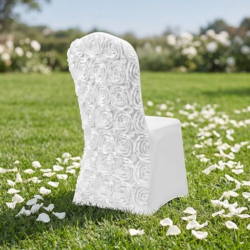 2 Pack White Satin Rosette Spandex Folding Chair Covers with Foot Pockets, Stretch Chair Covers for Standard Folding Chairs, Wedding Party Dining Banquet Decoration in Saudi Arabia