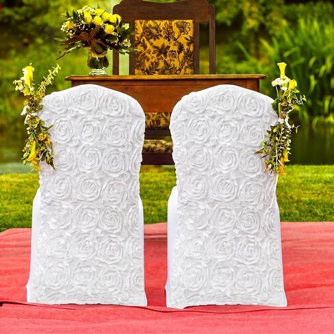 2 Pack White Satin Rosette Spandex Folding Chair Covers with Foot Pockets, Stretch Chair Covers for Standard Folding Chairs, Wedding Party Dining Banquet Decoration in Saudi Arabia