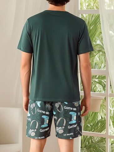 Trendy Gaming Controller Print Loungewear Set for Men Comfortable Short Sleeve Shorts Sleepwear in Kuwait