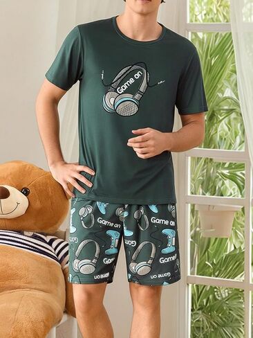Trendy Gaming Controller Print Loungewear Set for Men Comfortable Short Sleeve Shorts Sleepwear in Kuwait