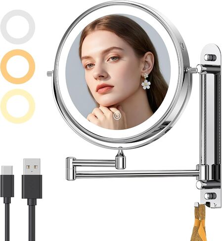Gospire 9" Wall Mounted Makeup Mirror with Magnification 10X, 7in Height Adjustable Vanity Lighted Mirrors for Bathroom Wall, 360° Extended Arm Shaving Wall Mirror with Lights - Chrome in Kuwait