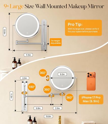 Gospire 9" Wall Mounted Makeup Mirror with Magnification 10X, 7in Height Adjustable Vanity Lighted Mirrors for Bathroom Wall, 360° Extended Arm Shaving Wall Mirror with Lights - Chrome in Kuwait