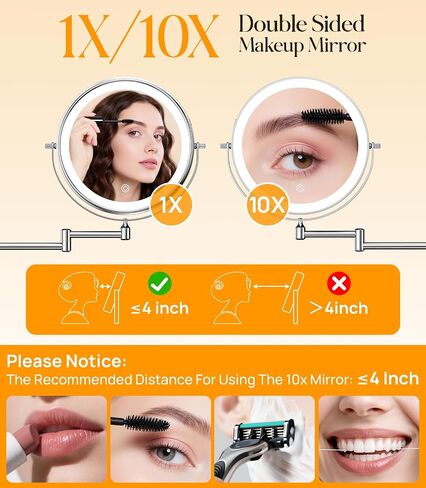 Gospire 9" Wall Mounted Makeup Mirror with Magnification 10X, 7in Height Adjustable Vanity Lighted Mirrors for Bathroom Wall, 360° Extended Arm Shaving Wall Mirror with Lights - Chrome in Kuwait