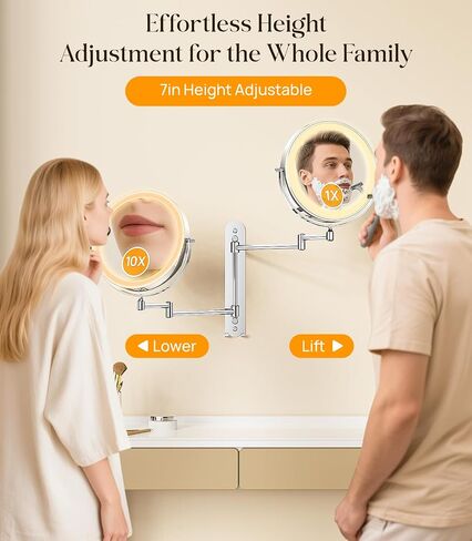 Gospire 9" Wall Mounted Makeup Mirror with Magnification 10X, 7in Height Adjustable Vanity Lighted Mirrors for Bathroom Wall, 360° Extended Arm Shaving Wall Mirror with Lights - Chrome in Kuwait