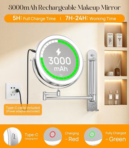 Gospire 9" Wall Mounted Makeup Mirror with Magnification 10X, 7in Height Adjustable Vanity Lighted Mirrors for Bathroom Wall, 360° Extended Arm Shaving Wall Mirror with Lights - Chrome in Kuwait