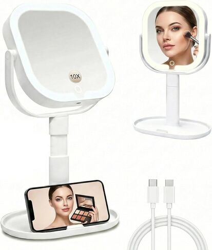 Makeup Mirror with Lights, 1X/10X Magnifying Mirror with Light, Rechargeable Lighted Makeup Mirror with Magnification, 3-Color Lighting, Height Adjustable 360° Rotation Desk Mirror, Gift for Women in Saudi Arabia
