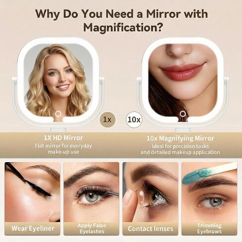 Makeup Mirror with Lights, 1X/10X Magnifying Mirror with Light, Rechargeable Lighted Makeup Mirror with Magnification, 3-Color Lighting, Height Adjustable 360° Rotation Desk Mirror, Gift for Women in Saudi Arabia